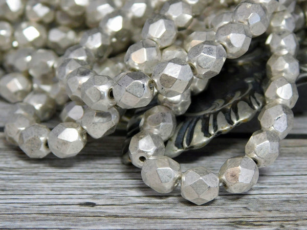 Czech Glass Beads - 6mm Beads - Fire Polished Beads - Antique Silver Beads - Round Beads - Czech Beads - 25pcs (1358)