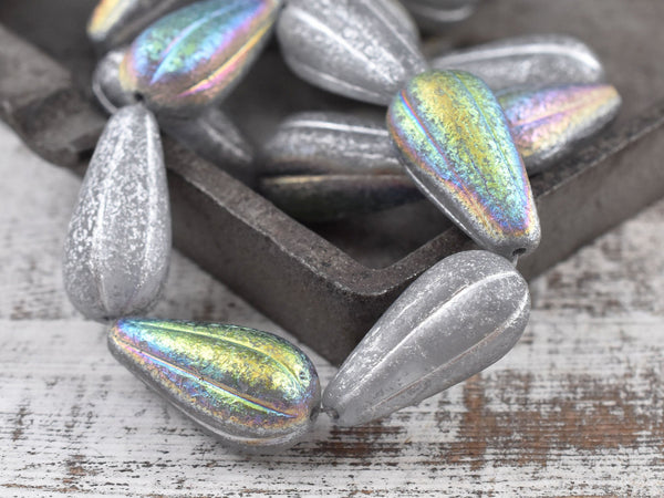 Czech Glass Beads - NEW Larger Size - Melon Beads - Picasso Beads - Tear Drop Beads - Etched Beads - 22x11mm - 2pcs - (A594)