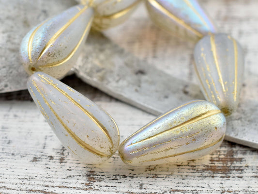 NEW Larger Size - Czech Glass Beads - Melon Beads - Picasso Beads - Tear Drop Beads - Etched Beads - 22x11mm - 2pcs - (A587)