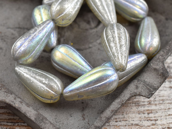 Czech Glass Beads - NEW Larger Size - Melon Beads - Picasso Beads - Tear Drop Beads - Etched Beads - 22x11mm - 2pcs - (A598)