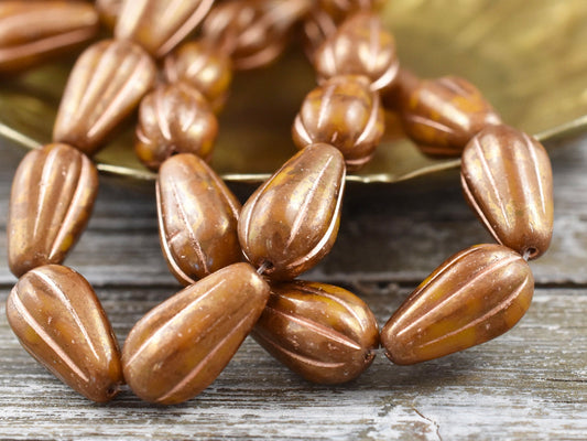 Czech Glass Beads - Picasso Beads - Melon Beads - Tear Drop Beads - Drop Beads - 15x8mm - 6pcs - (A554)