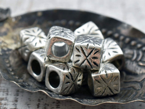 *10* 9mm Antique Silver Large Hole Rounded Cube Beads