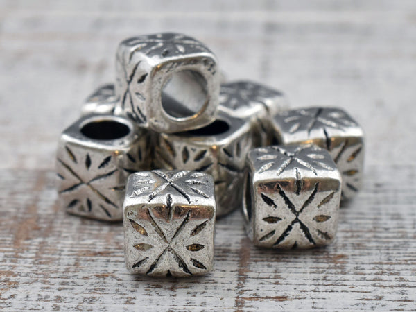 *10* 9mm Antique Silver Large Hole Rounded Cube Beads