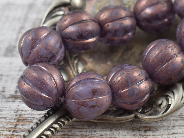 Czech Glass Beads - Melon Beads - Picasso Beads - Large Czech Beads - Round Beads - Purple Beads - 14mm - 4pcs - (A607)