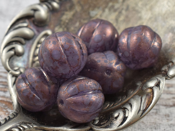 Czech Glass Beads - Melon Beads - Picasso Beads - Large Czech Beads - Round Beads - Purple Beads - 14mm - 4pcs - (A607)
