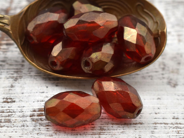 Czech Glass Beads - Luster Red Beads - Faceted Beads - Oval Beads - 12x8mm - 6pcs (4586)