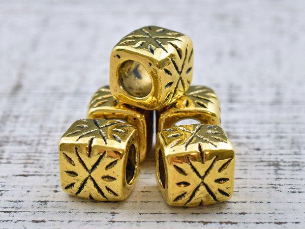 *10* 9mm Antique Gold Large Hole Rounded Cube Beads