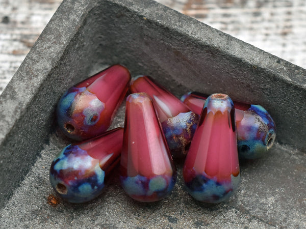 Picasso Beads - Czech Glass Beads - Drop Beads - Teardrop Beads - Faceted Beads - 8x15mm - 4pcs - (564)