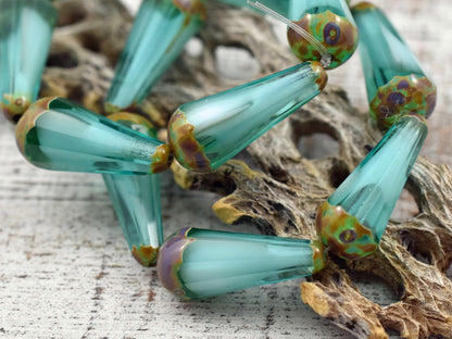 Czech Glass Beads - Drop Beads - Teardrop Beads - Picasso Beads - Aqua Beads - Faceted Beads - 8x20mm - 2pcs - (3410)