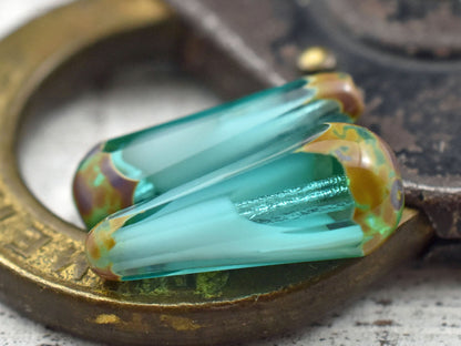 Czech Glass Beads - Drop Beads - Teardrop Beads - Picasso Beads - Aqua Beads - Faceted Beads - 8x20mm - 2pcs - (3410)