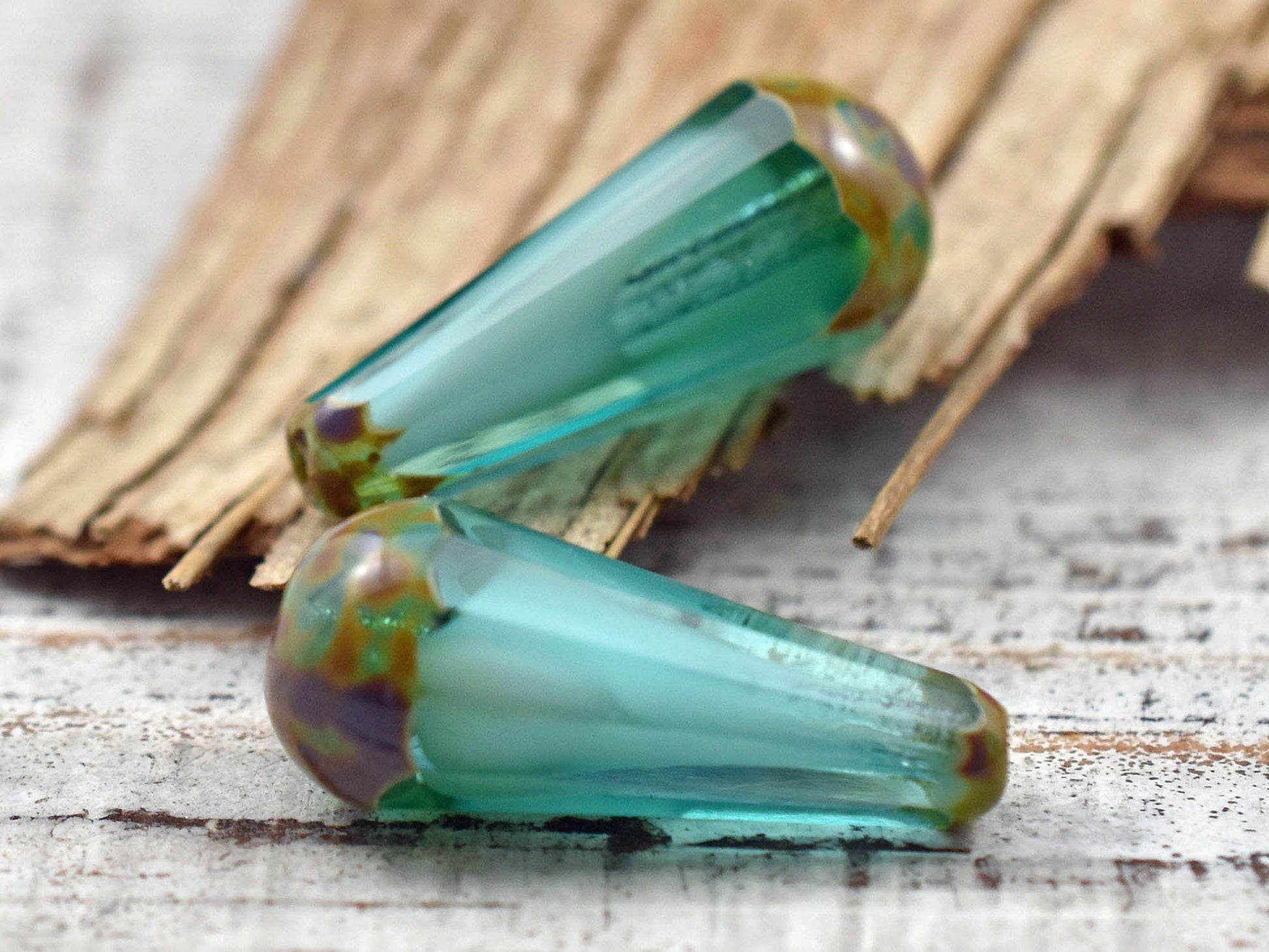 Czech Glass Beads - Drop Beads - Teardrop Beads - Picasso Beads - Aqua Beads - Faceted Beads - 8x20mm - 2pcs - (3410)