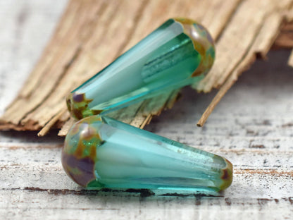Czech Glass Beads - Drop Beads - Teardrop Beads - Picasso Beads - Aqua Beads - Faceted Beads - 8x20mm - 2pcs - (3410)