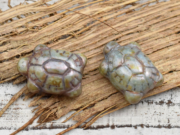 Turtle Beads - Czech Glass Beads - Picasso Beads - Tortoise Beads - 19x14mm - 2pcs - (B676)