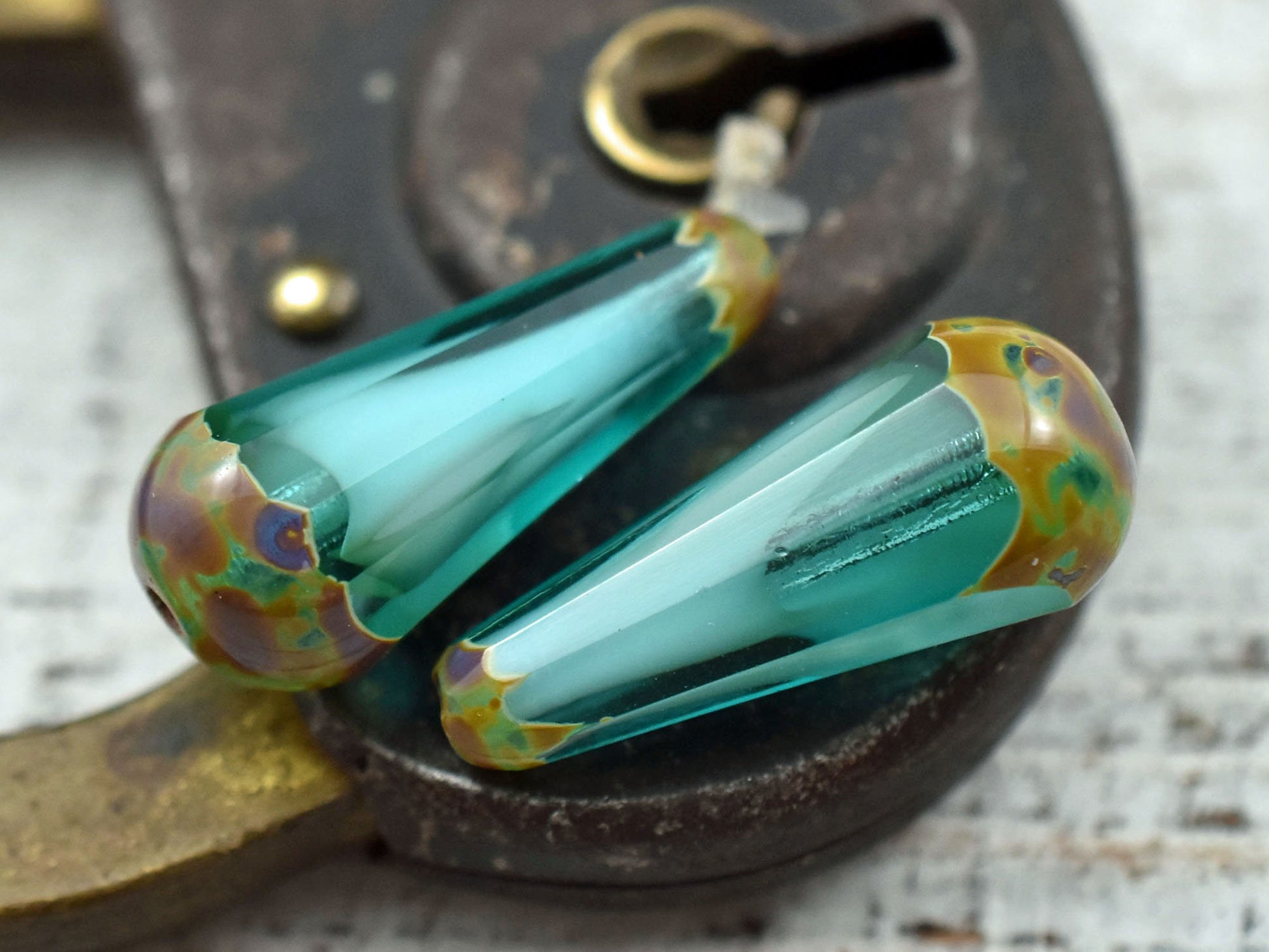 Czech Glass Beads - Drop Beads - Teardrop Beads - Picasso Beads - Aqua Beads - Faceted Beads - 8x20mm - 2pcs - (3410)