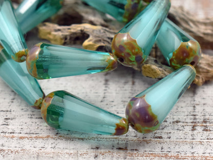Czech Glass Beads - Drop Beads - Teardrop Beads - Picasso Beads - Aqua Beads - Faceted Beads - 8x20mm - 2pcs - (3410)