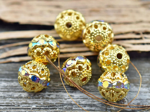 Gold w/Crystal AB Rhinestone Filigree Round Beads -- Choose Your Size 20 6mm Beads (3241) Czech Glass Beads by GR8BEADS - The Bead Obsession