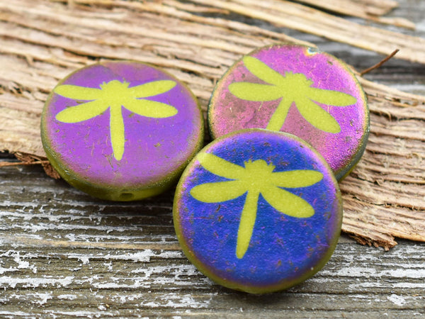 Czech Glass Beads - Laser Etched Beads - Dragonfly Beads - Tattoo Beads - 17mm - 4pcs - (B463)