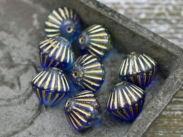 Czech Glass Beads - Bicone Beads - Blue Beads - 11mm - Picasso Beads - 10pcs (2647)