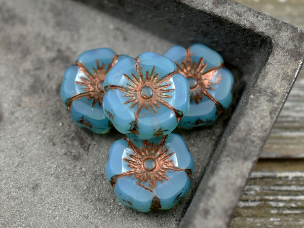 Czech Glass Beads - Hawaiian Flower Beads - Hibiscus Beads - Blue Flower Beads - 6pcs - 12mm - (A453)