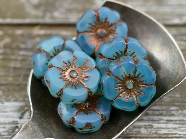 Czech Glass Beads - Hawaiian Flower Beads - Hibiscus Beads - Blue Flower Beads - 6pcs - 12mm - (A453)