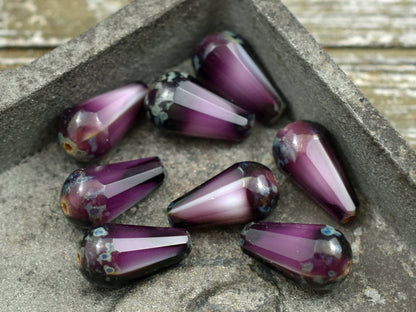 Drop Beads - Teardrop Beads - Czech Glass Beads - Picasso Beads - Purple Beads - Faceted Beads - 8x15mm - 4pcs - (877)