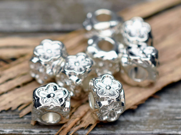 *10* 8x7mm Platinum Silver Large Hole Floral Cube Beads