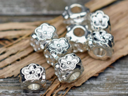 *10* 8x7mm Platinum Silver Large Hole Floral Cube Beads