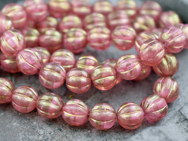 Czech Glass Beads - 8mm Beads - Round Beads - Melon Beads - Picasso Beads - Pink Beads - 10pcs - (1866)