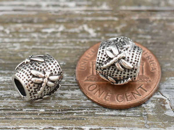 *20* 11x10mm Antique Silver Large Hole Dragonfly Barrel Beads