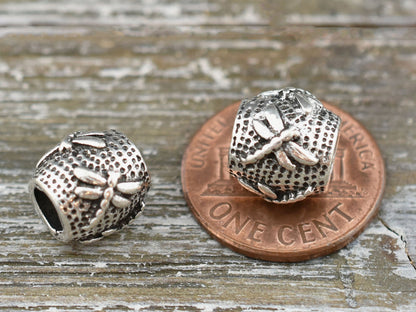 *20* 11x10mm Antique Silver Large Hole Dragonfly Barrel Beads
