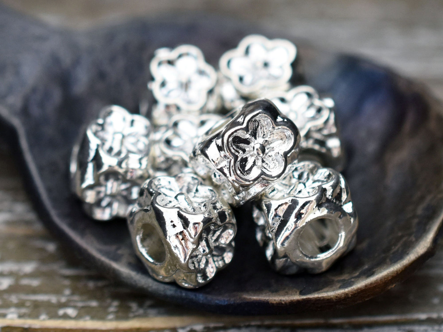 *10* 8x7mm Platinum Silver Large Hole Floral Cube Beads