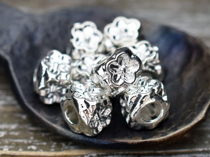*10* 8x7mm Platinum Silver Large Hole Floral Cube Beads