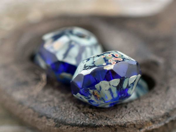 Picasso Beads - Czech Glass Beads - Rondelle Beads - Saucer Beads - Cobalt Blue - 4pcs - 9x14mm - (6163)