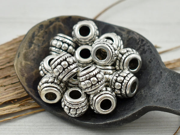 *50* 6x8mm Antique Silver Large Hole Drum Beads
