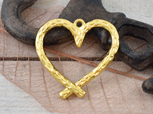 *2* 34x33mm Gold Textured Heart Pendants