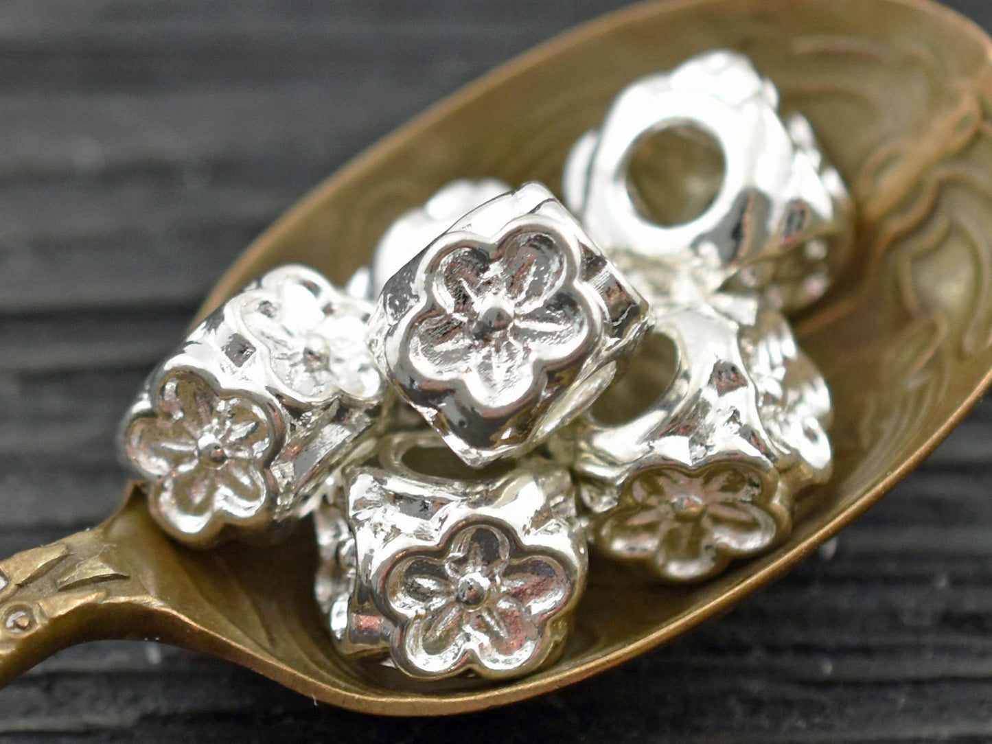 *10* 8x7mm Platinum Silver Large Hole Floral Cube Beads