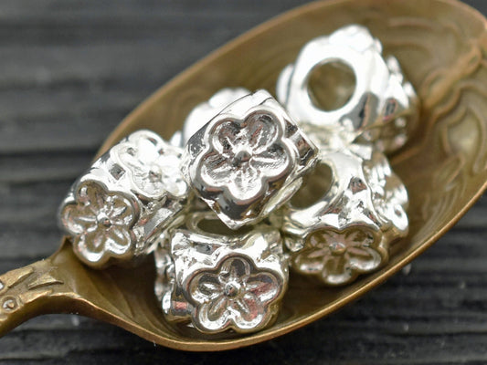 *10* 8x7mm Platinum Silver Large Hole Floral Cube Beads