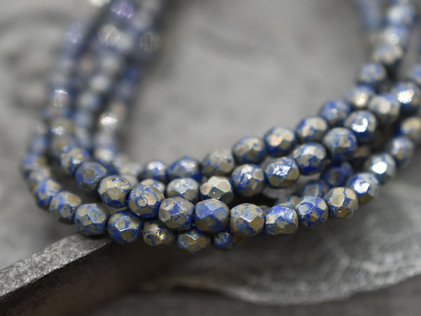 Czech Glass Beads - Picasso Beads - 4mm Beads - Fire Polished Beads - Navy Blue - Blue Beads - Round Beads - 50pcs - 4mm - (1357)