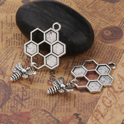 *5* 46x24mm Antique Silver Bee Honeycomb Charms