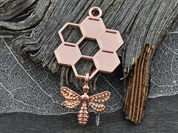 *2* 46x24mm Rose Gold Bee Honeycomb Charms