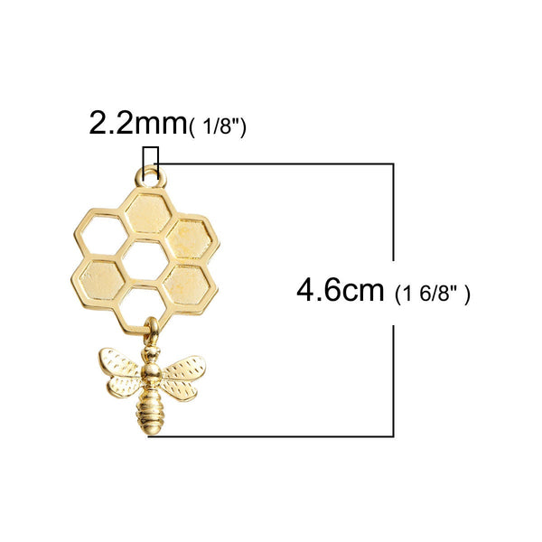 *5* 46x24mm Gold Plated Bee Honeycomb Charms
