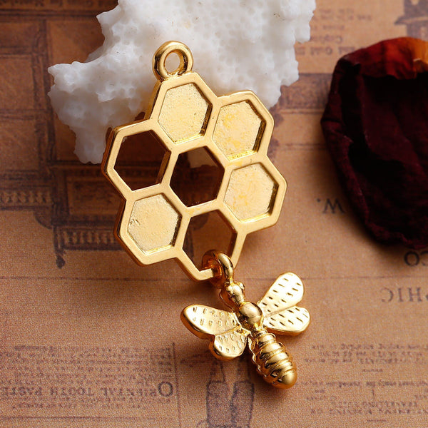 *5* 46x24mm Gold Plated Bee Honeycomb Charms