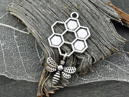 *5* 46x24mm Antique Silver Bee Honeycomb Charms