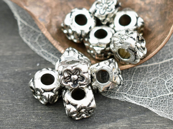 *10* 8x7mm Antique Silver Large Hole Floral Cube Beads