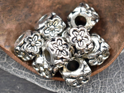 *10* 8x7mm Antique Silver Large Hole Floral Cube Beads
