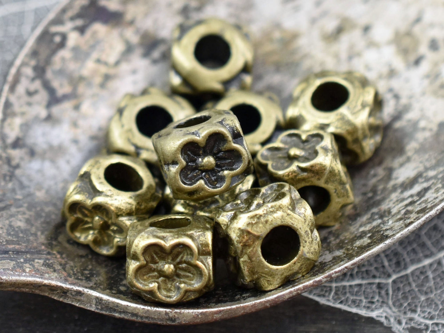 *10* 8x7mm Antique Bronze Large Hole Floral Cube Beads