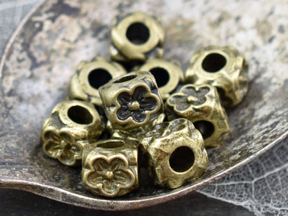 *10* 8x7mm Antique Bronze Large Hole Floral Cube Beads