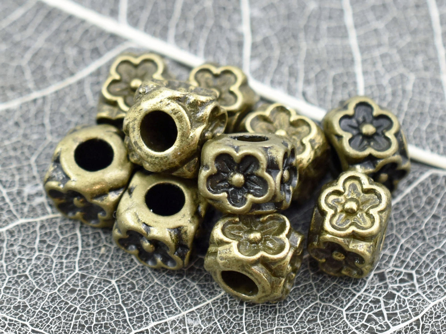 *10* 8x7mm Antique Bronze Large Hole Floral Cube Beads