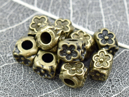 *10* 8x7mm Antique Bronze Large Hole Floral Cube Beads