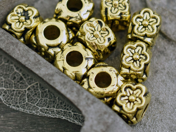 *10* 8x7mm Antique Gold Large Hole Floral Cube Beads